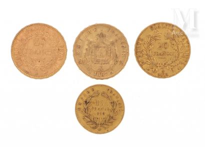 Quatre pièces en or Quatre pièces en or : 
- 1 x 20 FF Cérès 1851 A 
- 1 x 20 FF...