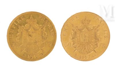 Deux pièces 50 FF or Deux pièces en or de 50 FF Napoléon III tête nue 
1855 A et...
