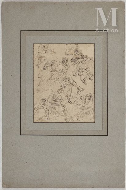 ECOLE NAPOLITAINE du XVIIème siècle Feuille d’études avec des personnages 
Plume...
