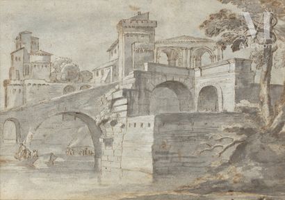 Attribué à Jan Van BLOEMEN (Anvers 1662 – Rome 1749) Paysage classique recto-verso...