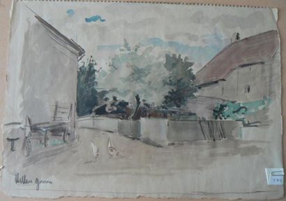 Jean Helleu (1894 - 1985) Cour de ferme Crayon noir et aquarelle 26 x 36,5 cm Signé...