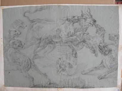 Ecole flamande du début du XVIIIème siècle Loups attaquant un taureau Crayon noir...