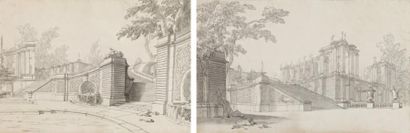 Jacques de Lajoue (Paris 1687 - 1761) Deux vues de parc et de palais avec des escaliers...