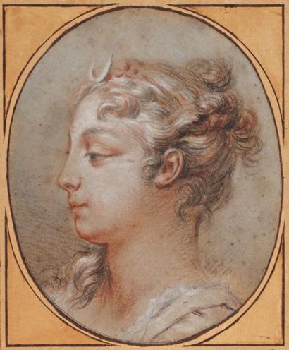 François Boucher (Paris 1703 - 1770) Etude de tête de Diane de profil trois crayons...