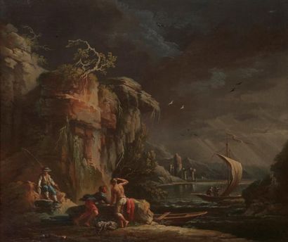 ATTRIBUÉ À MARCO RICCI (1676 - 1730) Pêcheurs en bord de mer Toile 49 x 58,5 cm ...