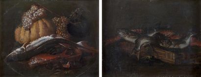 Attribué à Giuseppe RECCO (1634 - 1695) Poissons dans un panier Poissons avec des...