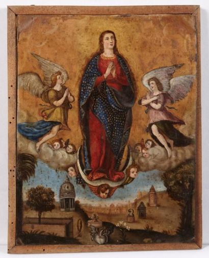 Ecole ESPAGNOLE du XVIIème siècle La Vierge de l'Immaculée Conception Cuivre 22 x...