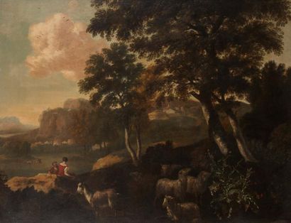 Attribué à Abraham BEGEYN (vers 1655-ap.1697) Scène pastorale devant une rivière...