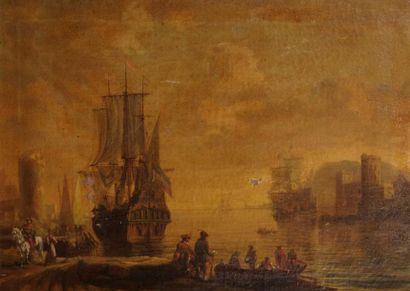 Attribué à Johann Anton EISMAN (1613 - 1698) Entrée d'un port Sur sa toile d'origine...