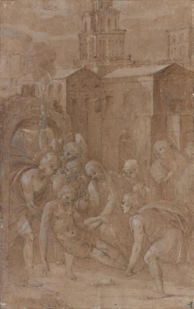 École ITALIENNE du XVIe siècle Mise au tombeau Plume et encre brune, lavis brun sur...