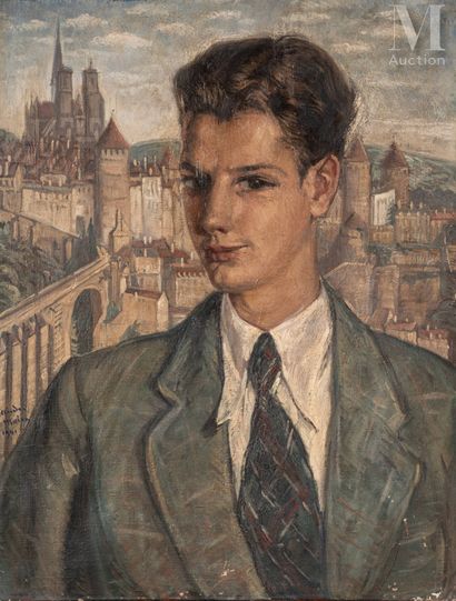 André MAIRE (Paris 1898-1985) Portrait d'homme devant la cathédrale de Saumur, 1941
Huile... Gazette Drouot