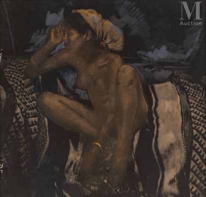 Jacques MAJORELLE (Nancy, 1886 - Paris, 1962) Jeune femme assise sur une couverture... Gazette Drouot