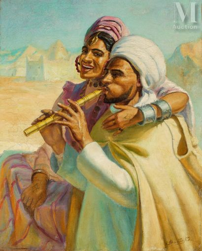 Miloud BOUKERCHE (Sidi ben Abbes 1908 - Vaucresson 1978) Le joueur de flûte amoureux
Huile... Gazette Drouot