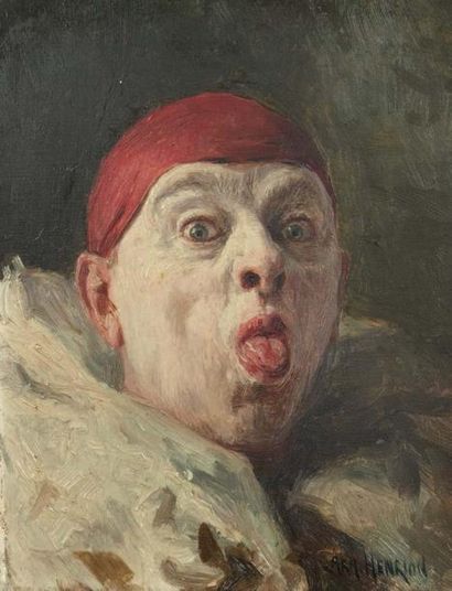 Armand HENRION (Liège 1875 - 1958) Clown blagueur Huile sur toile 18 x 14 cm Signé...