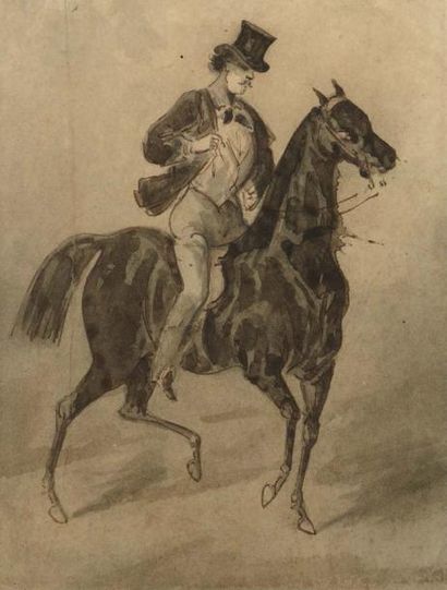 Constantin GUYS (Flessingue 1802 - Paris 1892) Cavalier Trait de plume encre et lavis...