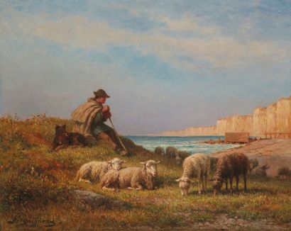 Jean Ferdinand CHAIGNEAU (Bordeaux 1830 - Barbizon 1906) Berger et ses moutons en...