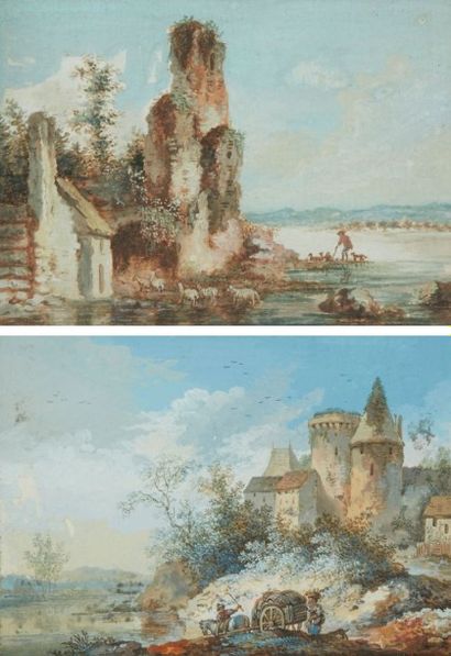 Attribué à Jan HACKAERT (Amsterdam 1629 - 1699) Paire de paysages animés Gouache...