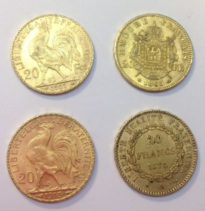 null Quatre pièces 20 Francs or

1913, 1874,1865, 1909.