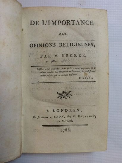  NECKER (Jacques). De l'importance des opinions religieuses. Paris et Londres, Regnault,...