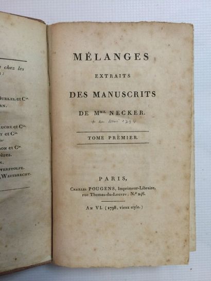  NECKER (Suzanne). Mélanges extraits des manuscrits de Mme Necker. Paris, Pougens,...