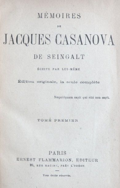 CASANOVA. Mémoires. Paris, Flammarion, sd....
