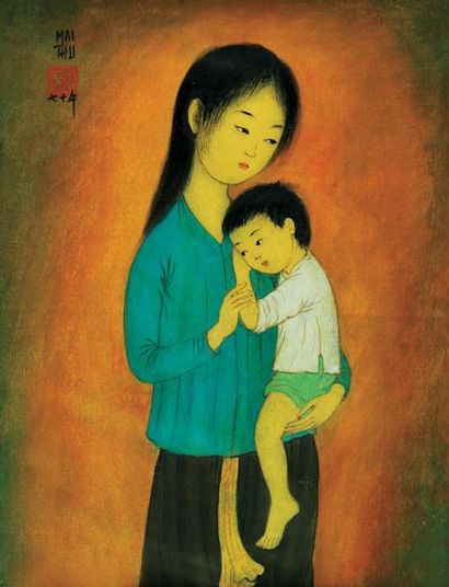  MAI THU (Hanoi 1906 - France 1980)
Femme et enfant
Peinture sur soie
23 x 18 cm... Gazette Drouot