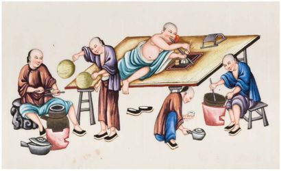 CHINE, CANTON, Fin XIXe siècle 
Ensemble de six gouaches sur papier de riz, tongcao,...