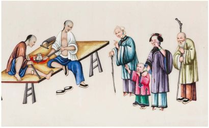 CHINE, CANTON, Fin XIXe siècle 
Ensemble de six gouaches sur papier de riz, tongcao,...