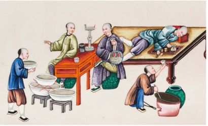 CHINE, CANTON, Fin XIXe siècle 
Ensemble de six gouaches sur papier de riz, tongcao,...