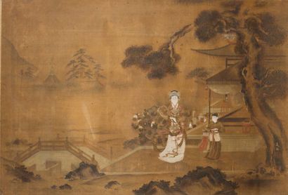 Japon, XVIIIe siècle 
Peinture en couleurs sur soie, représentant une dame en habit...