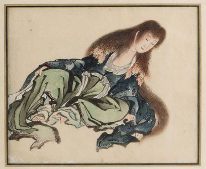 Japon, XIXe siècle attribuée à Hokusai (?) 
Petite peinture au lavis et couleurs...