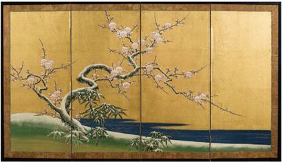 JAPON, fin du XIXe siècle 
Petit paravent de table à quatre feuilles, peint en couleurs...