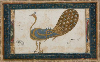 Inde ou Iran, XVIIIe siècle 
Calligramme au paon
Calligraphie peinte à l'encre doré...
