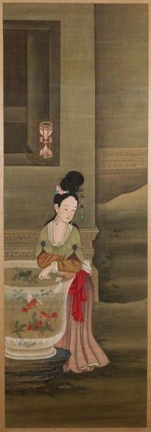 Chine, XVIIIe-XIXe siècle 
Peinture verticale à l'encre et couleurs sur soie, représentant...