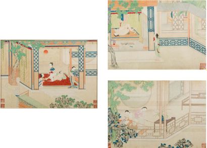 CHINE XVIIIe siècle Ensemble de trois peintures à l'encre et couleurs sur soie, représentant...