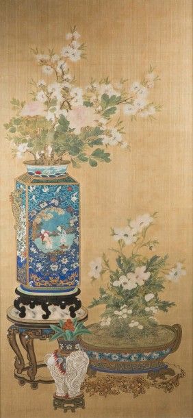 CHINE, ÉPOQUE QIANLONG, XVIIIe siècle Belle peinture verticale, à l'encre et couleur...