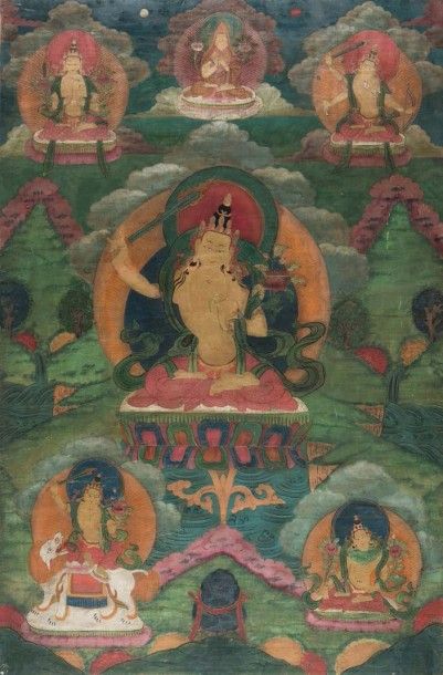 Tibet, XVIIIe siècle Thangka en polychromie sur toile, représentant la divinité Manjusri,...
