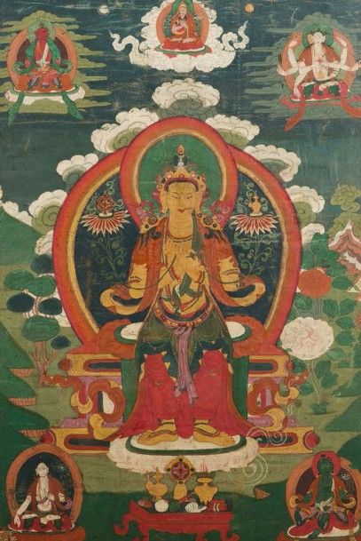 Tibet, XVIIIe siècle Thangka en couleur sur textile, repésentant le dieu Maitreya,...