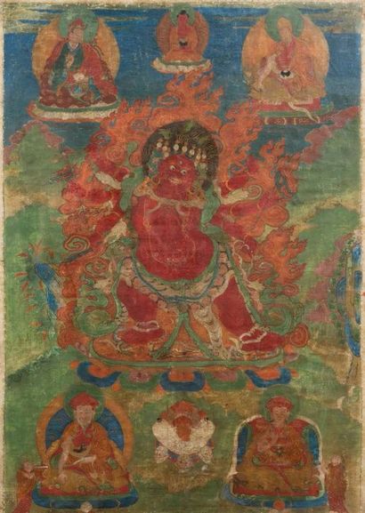 Tibet, XVIIIe siècle Thangka en couleur sur textile, représentant le dharmapala (protecteur...