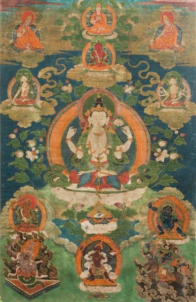 Tibet, XVIIIe siècle Thangka en couleur sur textile, représentant le dieu Avalokiteçvara...
