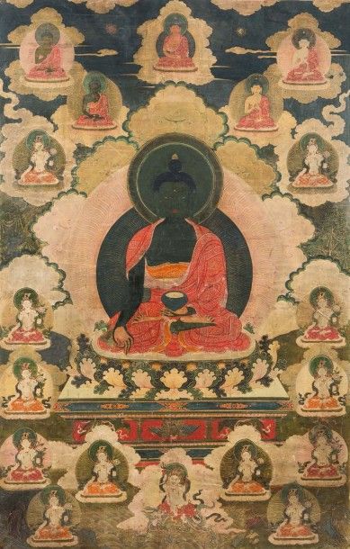 Tibet, XVIIIe siècle Grand Thangka en couleur et rehauts or sur toile, représentant...