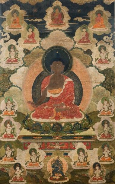Tibet XVIIIe siècle Grand Thangka en couleurs et rehauts or sur toile, représentant...
