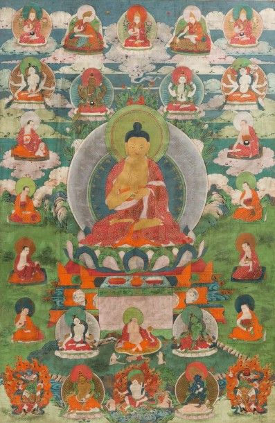 Tibet, XVIIIe siècle Thangka en couleur et rehauts or sur textile représentant le...