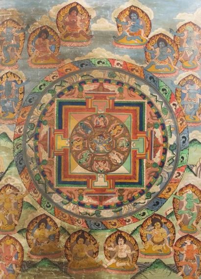 Tibet, XVIIe-XVIIIe siècle Thangka en polychromie sur textile, représentant le mandala...