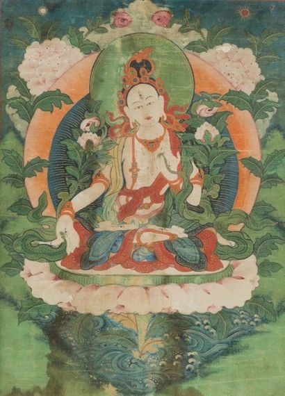 Tibet XVIIIe siècle Thangka en couleur et rehauts or sur textile, représensant la...
