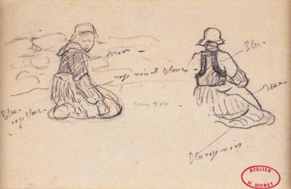  Henry MORET (Cherbourg 1856 - Paris 1913) 

Deux bretonnes 

Crayon

13,3 x 20 cm

Annotations... Gazette Drouot