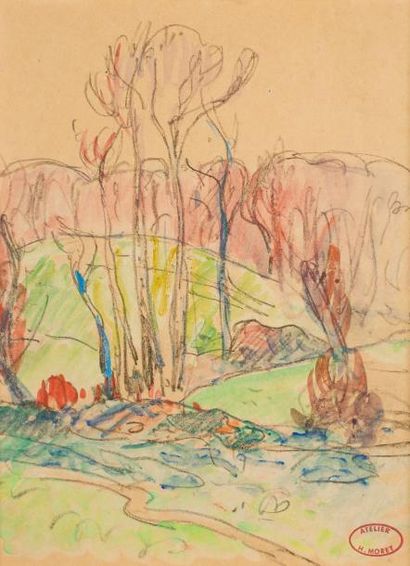 Henry MORET (Cherbourg 1856 - Paris 1913) Le Vallon
Aquarelle
28 x 20,5 cm à la vue
Cachet... Gazette Drouot