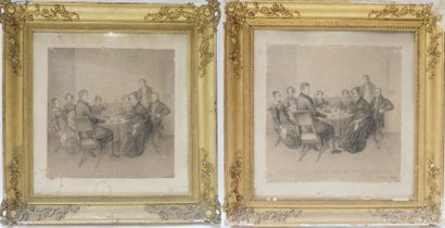  Autour d'un thé 
Deux dessins faisant pendant 
Signé H OTT Weisbade, 1839 
42 x...