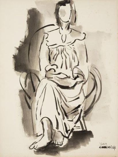  Manolis CALLIYANNIS (1923 - 2010) 
Femme assise 
Encre noire et lavis sur papier...