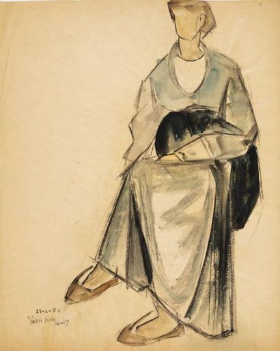  Manolis CALLIYANNIS (1923 - 2010) 
Femme assise 
Fusain et aquarelle sur papier...
